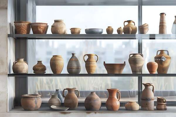 安靜工作桌上的陶作器皿與自然光，呈現柔和手作氛圍